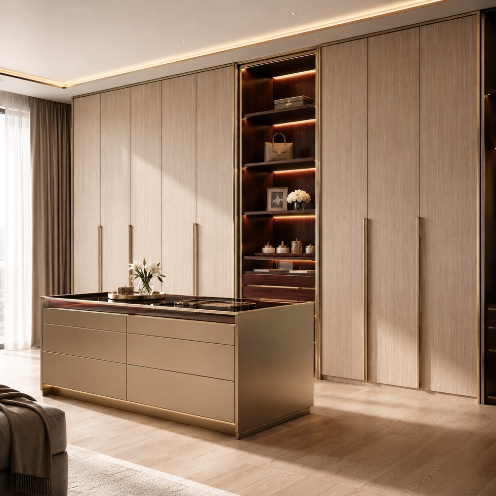 Light Wood Walk-In Closet with Display Tower and Island